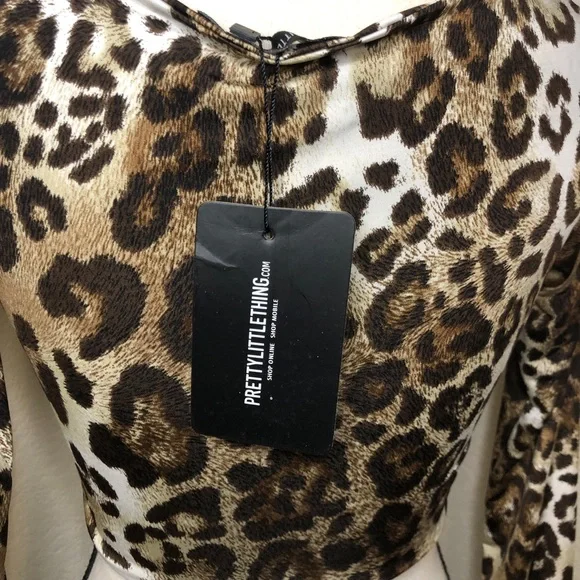 PrettyLittleThing Tan Leopard Slinky O Ring Long Sleeve Crop Top Size US-6 - Picture 13 of 14